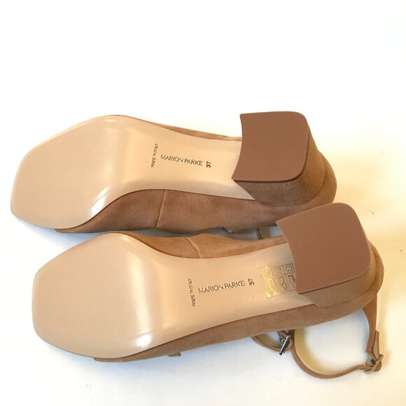 NEW Marion Parke Francine Sandals Heels Womens 37 7 Caramel Tan Suede Buckle NEW - Picture 8 of 12